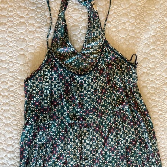 Women's ROXY A-Line Green Geo Print Midi Sundress Button Front Soft Size Med - Picture 3 of 7